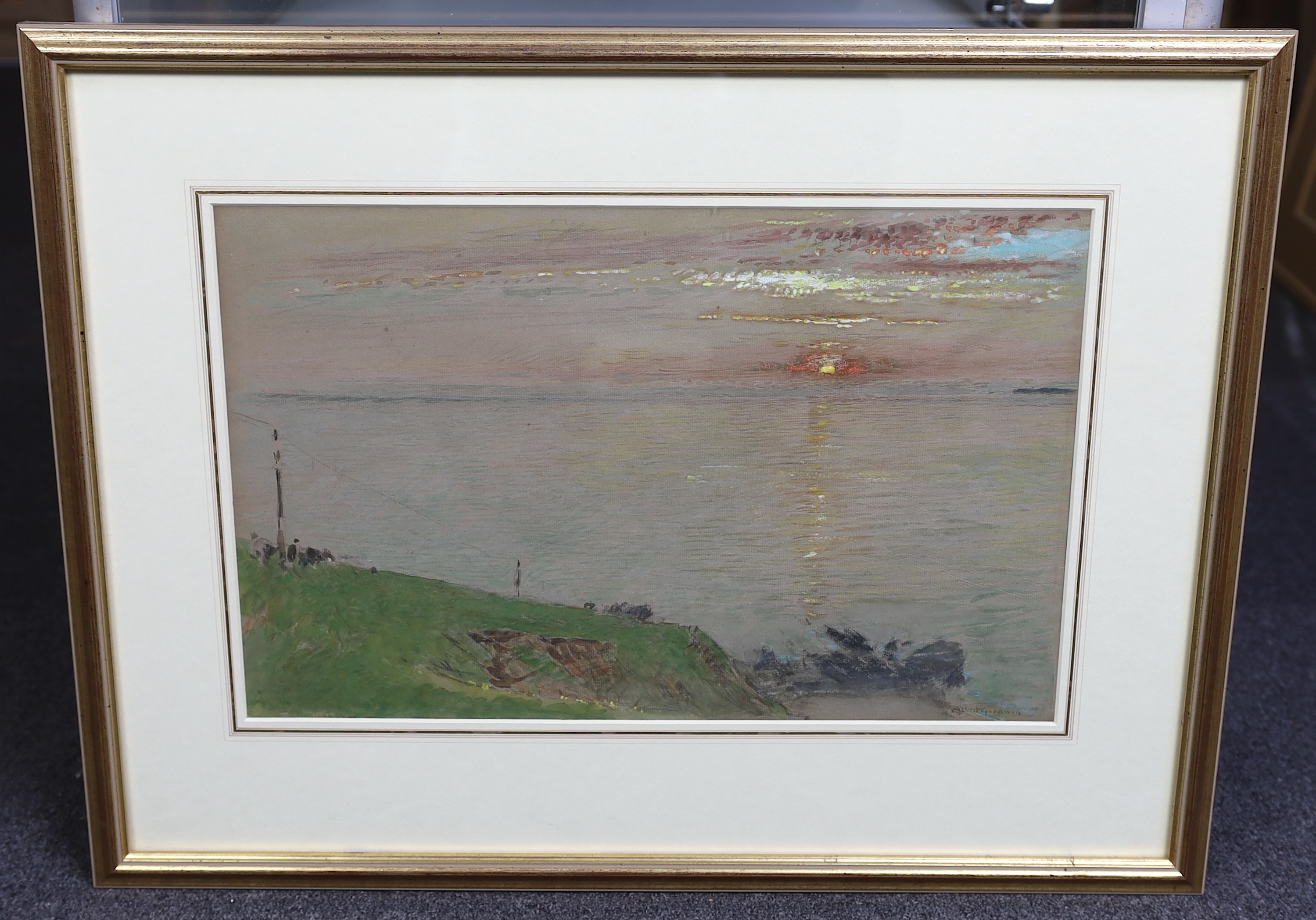 Albert Goodwin RWS (British, 1845-1932), watercolour and gouache on grey paper, 'Sunset from the shore', signed and indistinctly titled, 29 x 46cm. Condition - fair to good